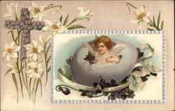 Easter Greetings with Cross, Flowers, Cherub, & Egg Postcard