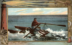 Man Rowing on the Ocean, with Lighthouse Nearby Postcard