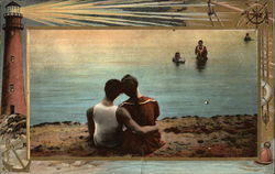 Couple Sitting on Shore Watching Swimmers Couples Postcard Postcard