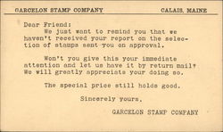 Garcelon Stamp Company, Calais, Maine Postcard