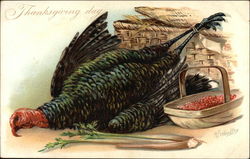 Thanksgiving Day, With Turkey and Cranberries in Basket Postcard