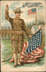 "As a young man he volunteered..." with Soldiers & Flags Patriotic Postcard Postcard