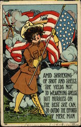 Female Soldier with Canon Fire and American Flag Postcard