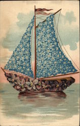 Sailboat Made of Violets and Forget-Me-Nots Figures Made of Flowers Postcard Postcard