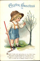 Little Boy with Rake Checks Buds on a Tree Postcard