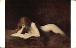 Red-Headed Nude Woman Reading a Book Postcard