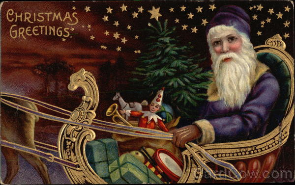 Purple Robed Santa in Sled with Toys Santa Claus