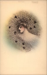 Portrait of Woman in Spider Web of Hearts Women Postcard Postcard