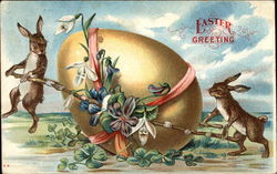 Two Rabbits Carrying Large Egg With Bunnies Postcard Postcard