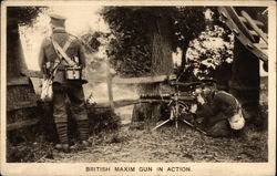 British Maxim Gun in Action Military Postcard Postcard