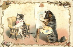 Cat Poses For Portrait Being Painted By a Dog Postcard