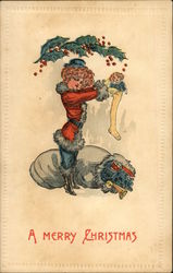 Woman in Santa Coat Filling a Stocking Postcard