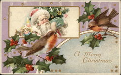 A Merry Christmas with Santa, Holly, & Birds Santa Claus Postcard Postcard