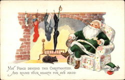 Santa in Green Suit Rests By Fireplace, With Stockings and Cat Santa Claus Postcard Postcard