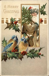 A Merry Christmas, With Santa, Bluebirds, and Holly Santa Claus Postcard Postcard