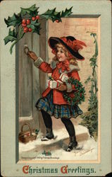 Christmas Greetings with Young Girl & Holly Children Postcard Postcard