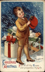 Christmas Greetings with Boy & Packages Children Postcard Postcard