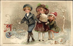 Three Children Walking in the Snow Postcard