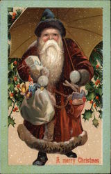 A Merry Christmas with Santa and Umbrella Santa Claus Postcard Postcard