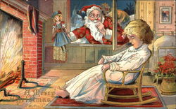 Santa Brings Doll to Little Girl Asleep by Fireplace Postcard