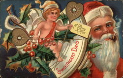 A Merry Xmas, With Cherub and Santa Smoking a Pipe Postcard