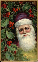 Christmas Greetings Purple Santa Head, Holly Postcard