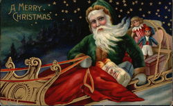 Green Robed Santa in Sled with Toys Postcard