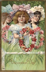 Decoration Day with Flower Wreaths & Children Postcard