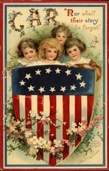 Girls Holding US Flag Shield Postcard