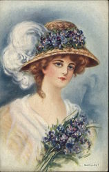 Woman Wears Fancy Hat, With Lilacs Postcard