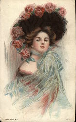 Beautiful Woman in Black Hat with Roses Women Postcard Postcard