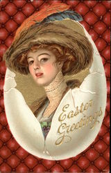 Easter Greetings with Woman & Egg Postcard