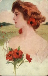 Beautiful Woman in Field with Red Flowers Women Postcard Postcard