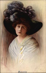 "Revetie" - Woman in Black Hat with Feather Plumes Postcard