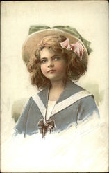 Little Cirl With Bows, Straw Hat and Sailor Shirt Postcard