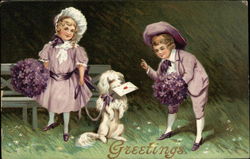 Greetings with Dog and Children Postcard