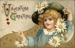 Valentine Greeting with Young Girl & Daisies Children Postcard Postcard