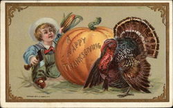 A Happy Thanksgiving with Boy & Turkey Postcard