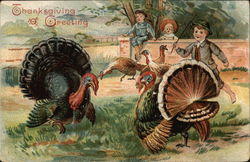 Thanksgiving Greeting with Turkeys and Children Postcard Postcard