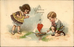 A Valentine Message with Children & Sailboat Postcard Postcard