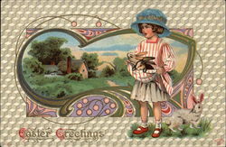 Girl with blue hat and three Easter bunnies With Bunnies Postcard Postcard