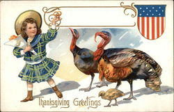 Thanksgiving Greetings with Turkeys and Child Postcard