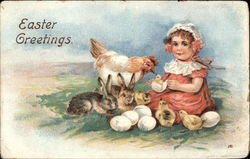 Easter Greetings with Bunnies, Chicks, & Child Postcard Postcard