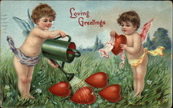 Loving Greetings with Cherubs and Hearts Postcard