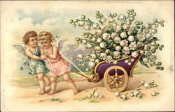 Two Angels Pulling Wagon Full of Lilies of the Valley Flowers Postcard Postcard