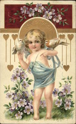 Love's Token with Child, Birds, & Flowers Children Postcard Postcard