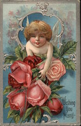 Wishing You Many with Cherub & Roses Postcard