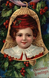 Christmas Greetings Bell Face Children Postcard Postcard