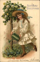 Girl in White Dress Watering Plants Postcard