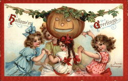 Halloween Greetings with Jack O'Lantern & Girls Postcard Postcard